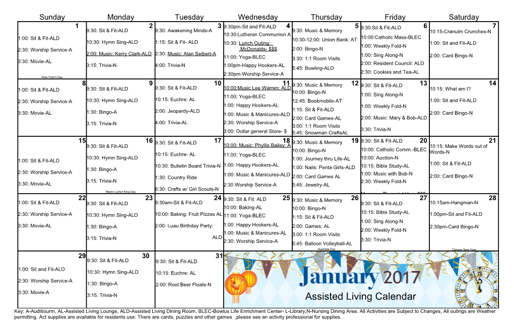 Key: A-Auditiourm, AL-Assisted Living Lounge, ALD-Assisted Living Dining Room, BLEC-Bowlus