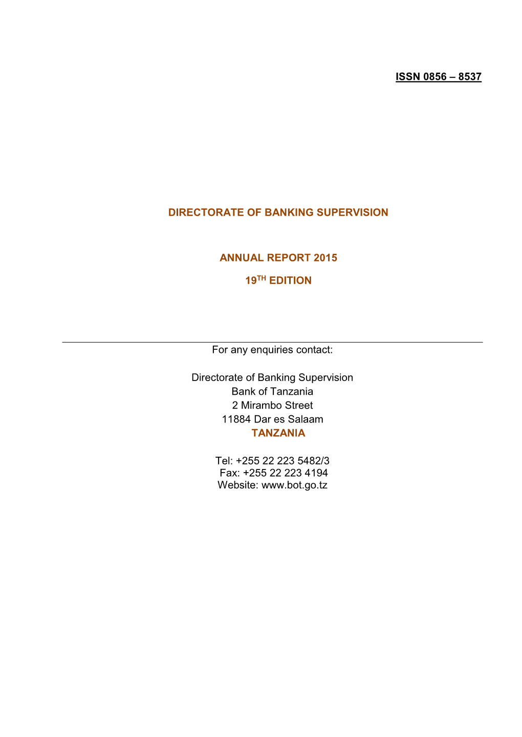 Directorate of Banking Supervision Annual Report 2015 19Th Edition