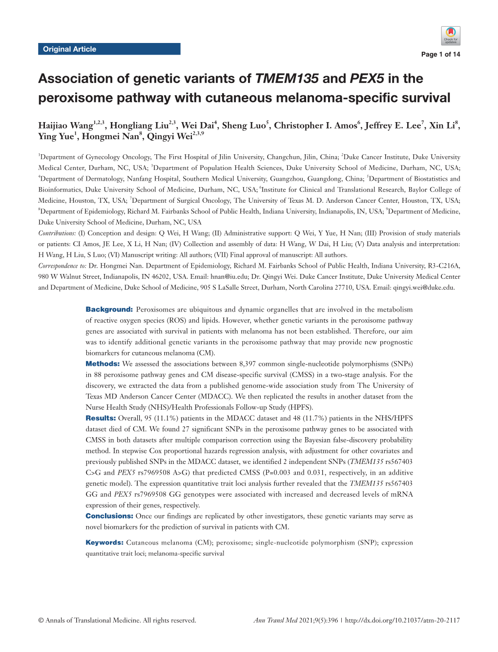 Association of Genetic Variants of TMEM135 and PEX5 in the Peroxisome Pathway with Cutaneous Melanoma-Specific Survival