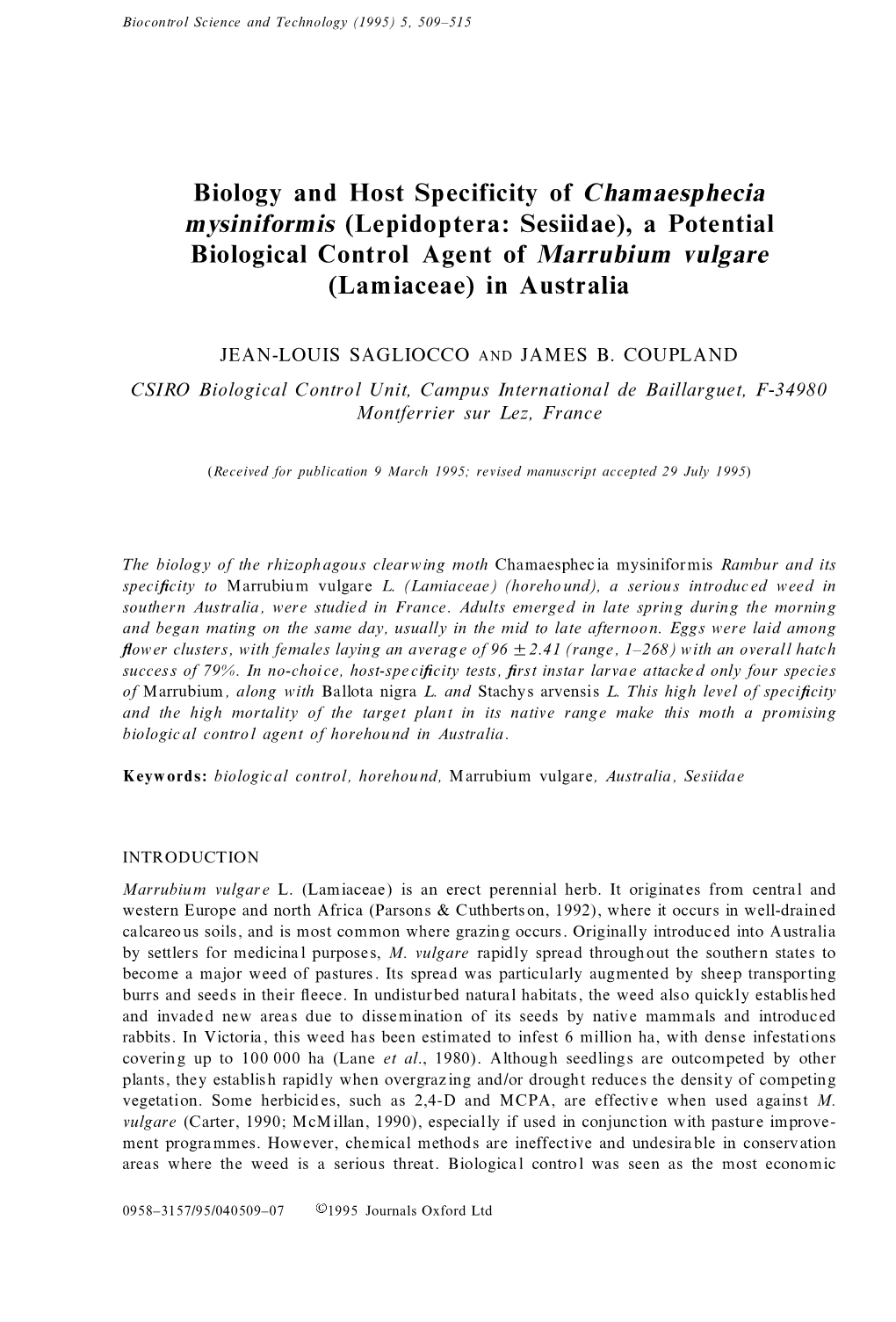 Biology and Host Specificity of Chamaesphecia Mysiniformis (Lepidoptera: Sesiidae), a Potential Biological Control Agent of Marrubium Vulgare (Lamiaceae) in Australia