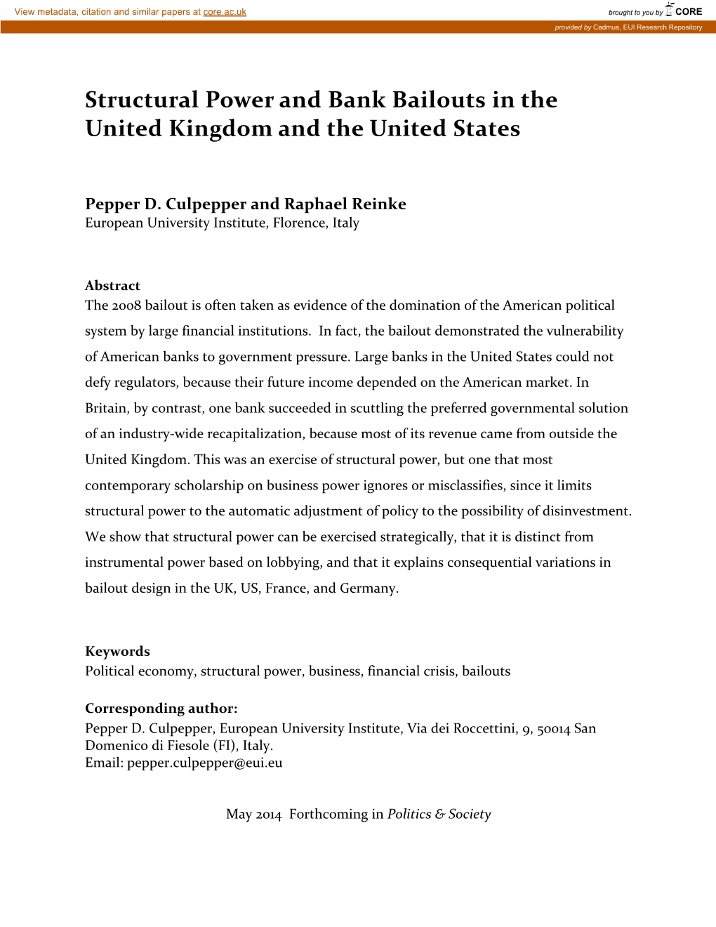 Structural Power and Bank Bailouts in the United Kingdom and the United States