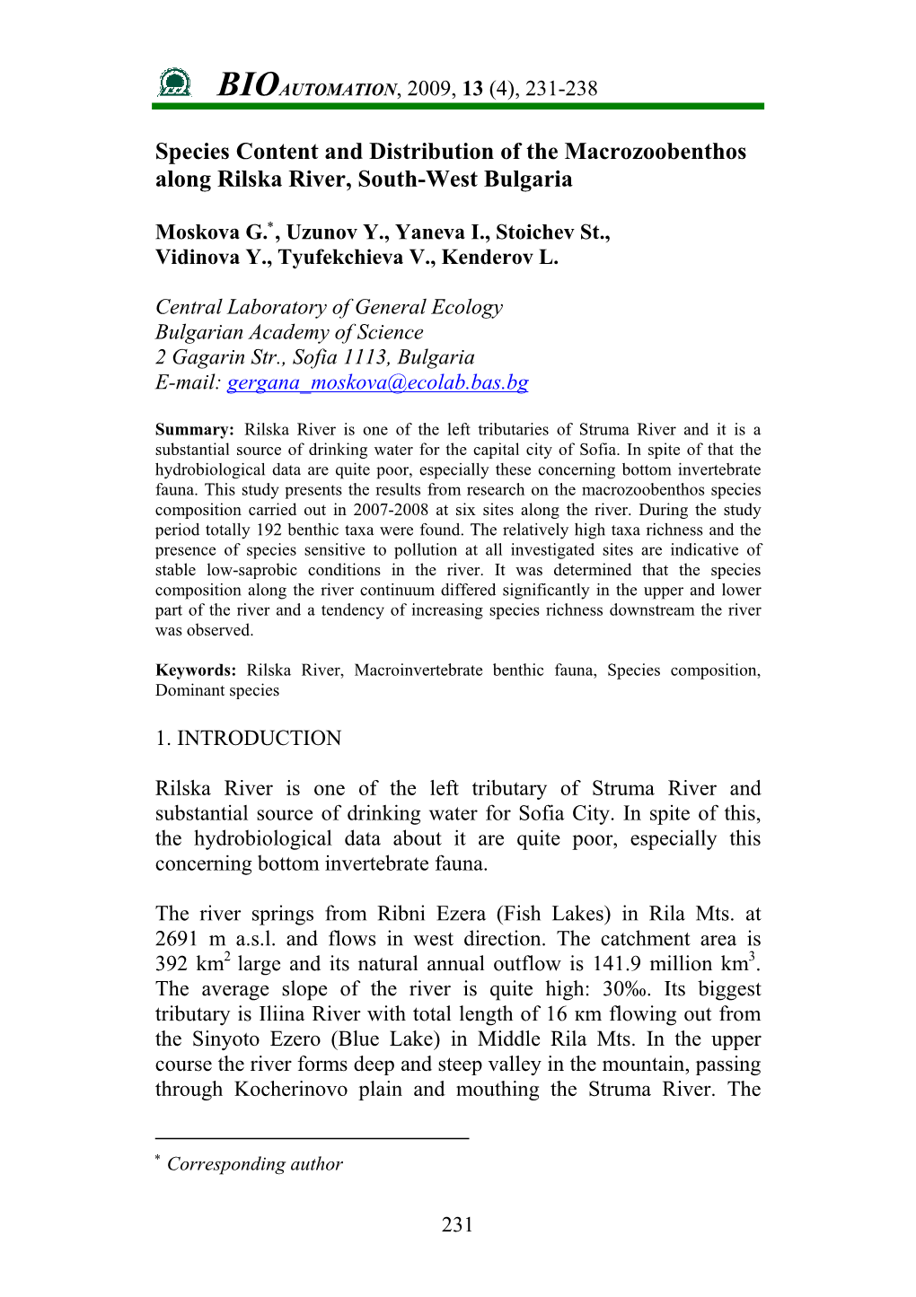 Species Content and Distribution of the Macrozoobenthos Along Rilska River, South-West Bulgaria