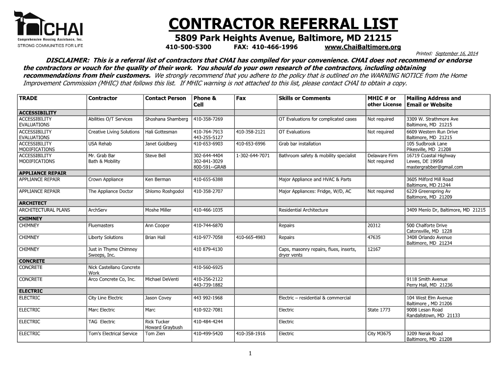 Contractor Referral List