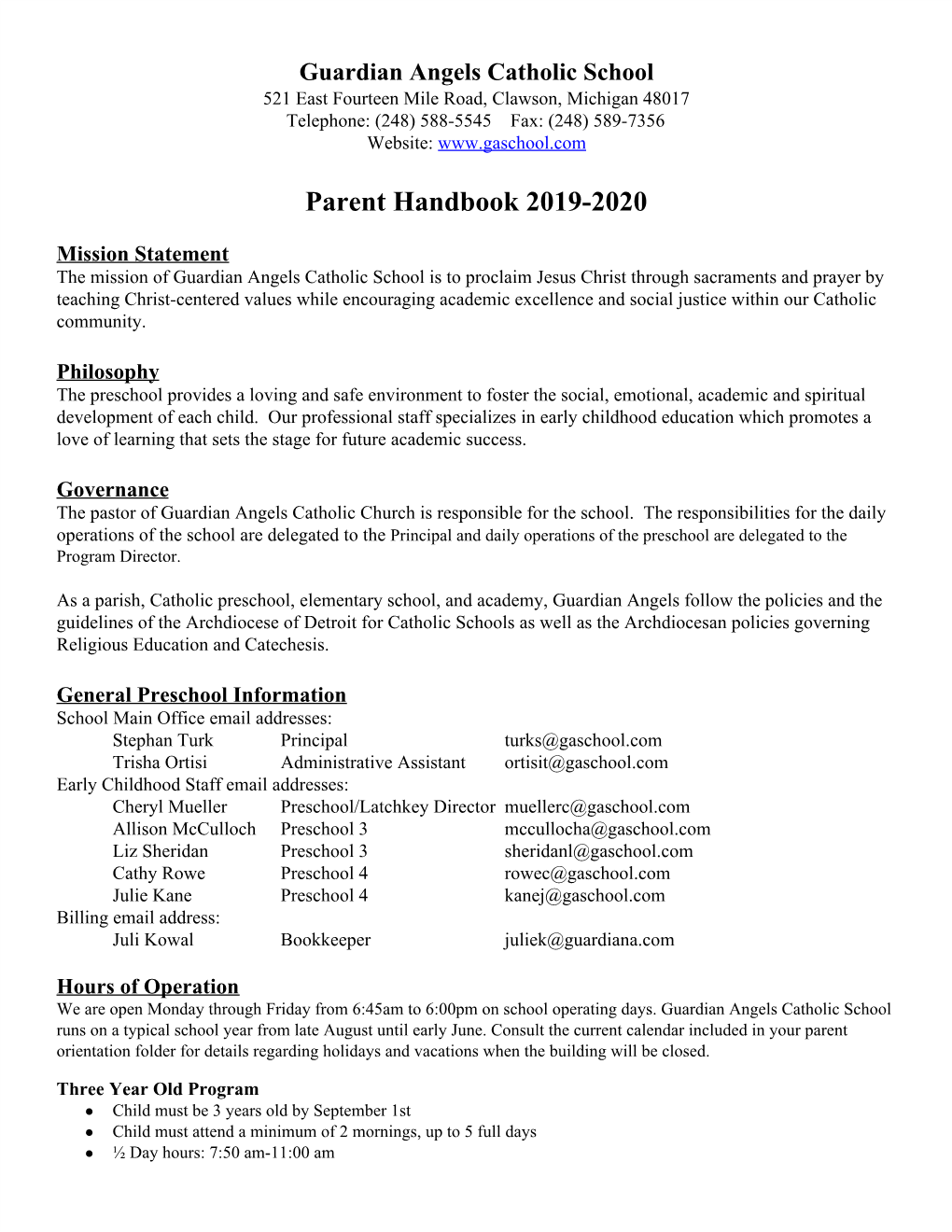 Parent Handbook 2019-2020