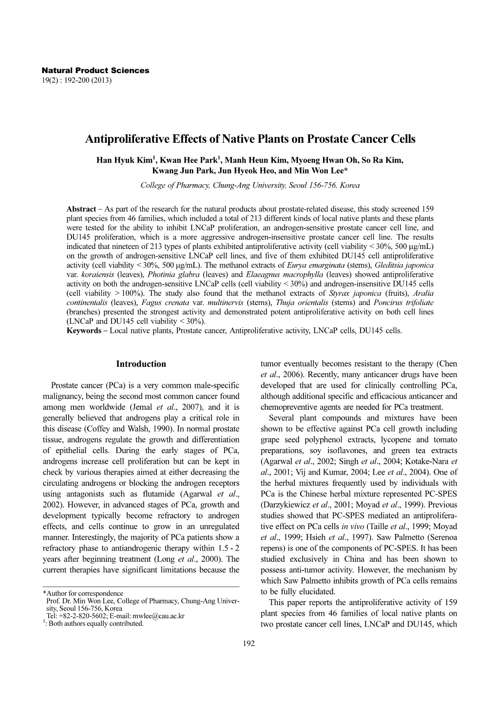 Antiproliferative Effects of Native Plants on Prostate Cancer Cells