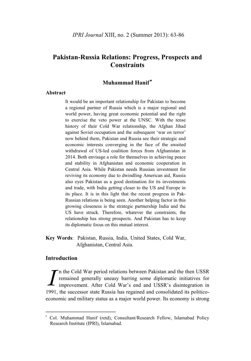 Pakistan-Russia Relations: Progress, Prospects and Constraints 63