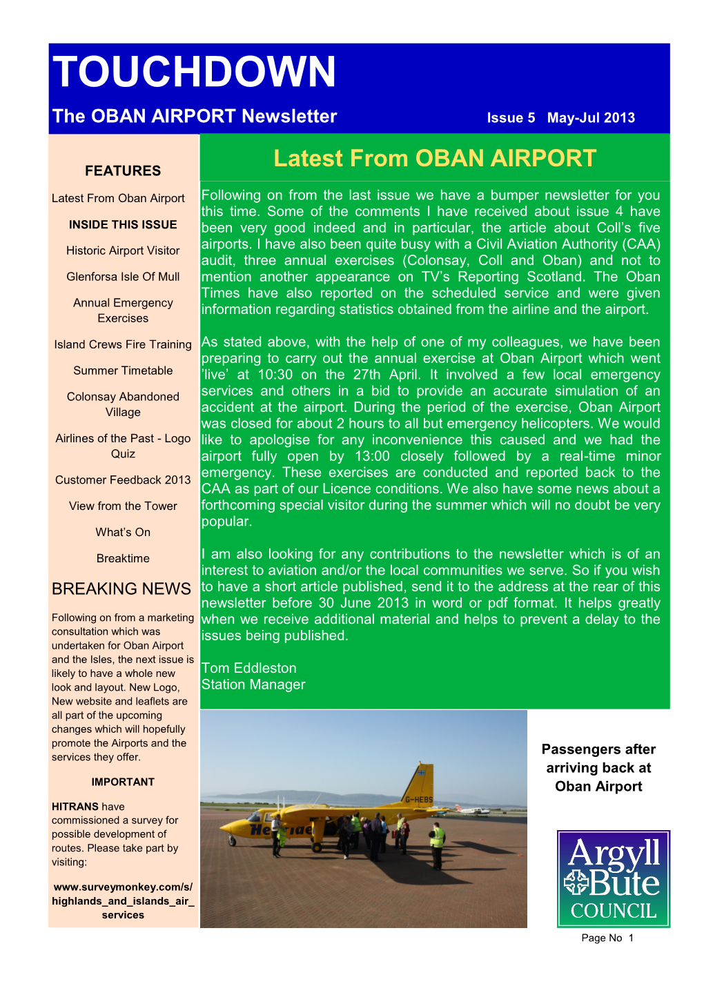 TOUCHDOWN the OBAN AIRPORT Newsletter