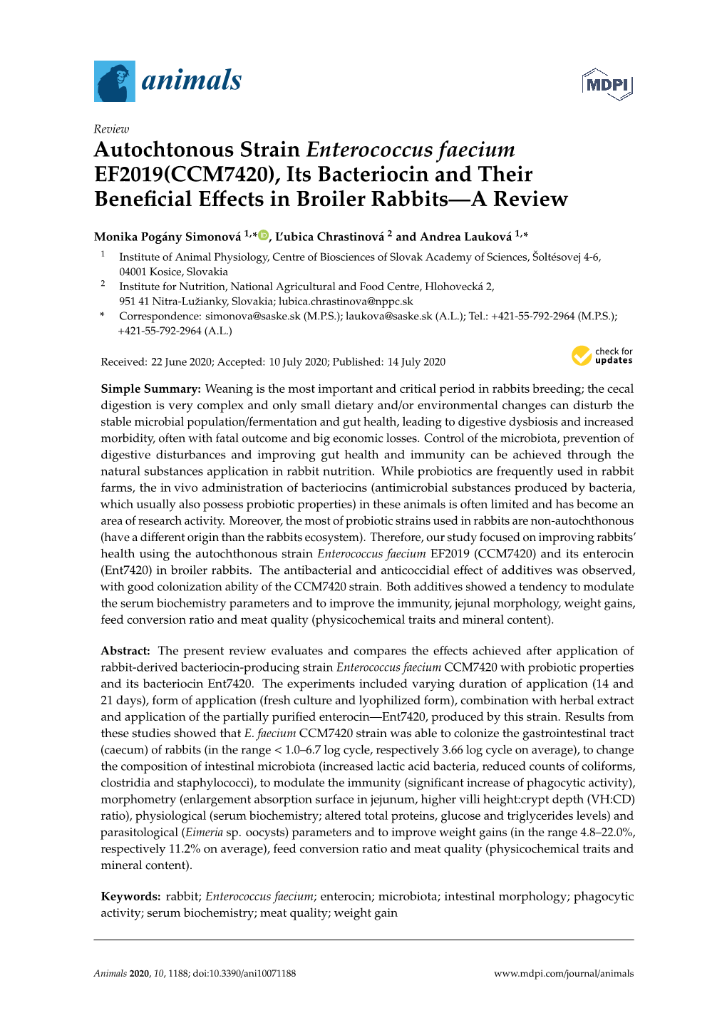 Autochtonous Strain Enterococcus Faecium EF2019(CCM7420), Its Bacteriocin and Their Beneﬁcial Eﬀects in Broiler Rabbits—A Review