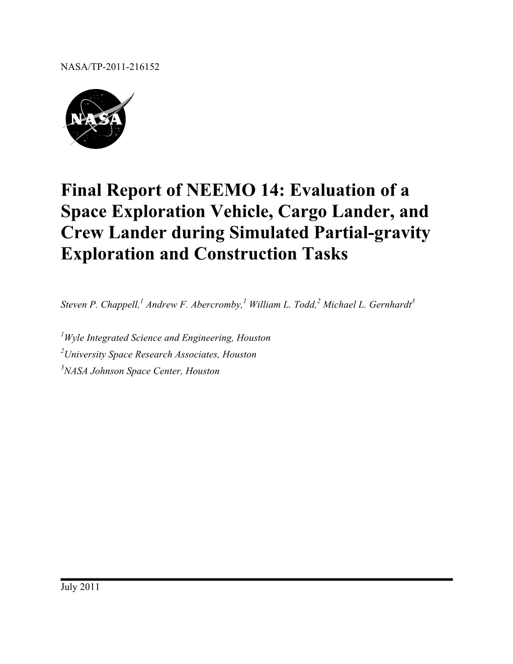 Final Report of NEEMO 14: Evaluation of a Space Exploration Vehicle