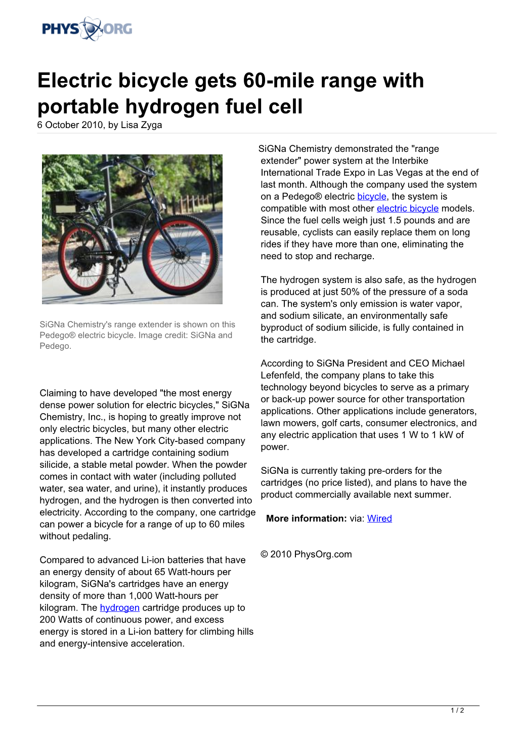 Electric Bicycle Gets 60-Mile Range with Portable Hydrogen Fuel Cell 6 October 2010, by Lisa Zyga