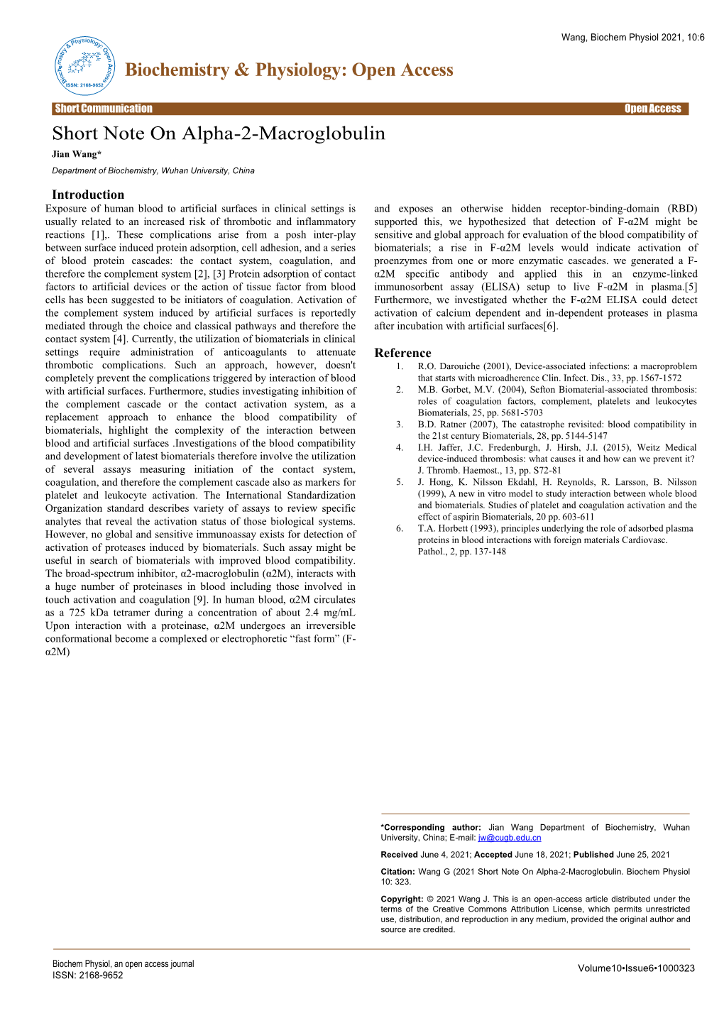 Biochemistry & Physiology: Open Access Short Note on Alpha-2-Macroglobulin