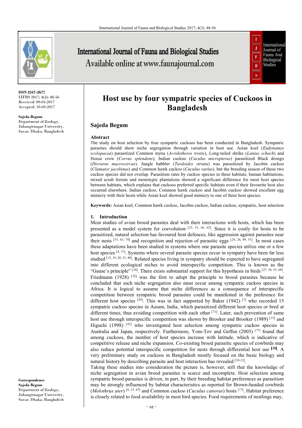 Host Use by Four Sympatric Species of Cuckoos in Bangladesh