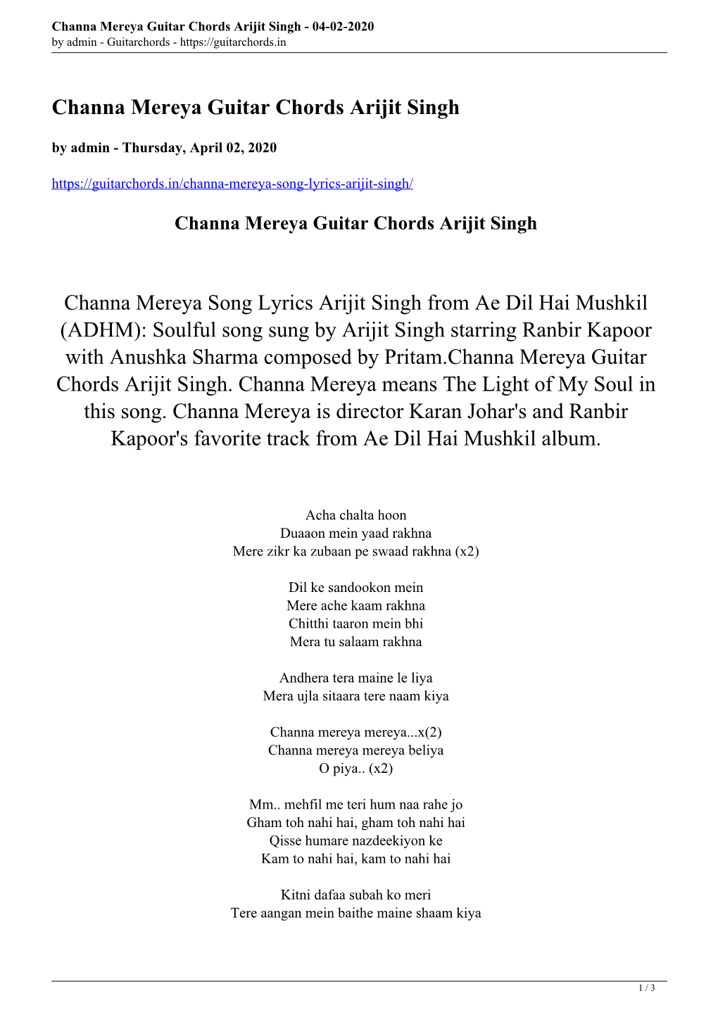 Channa Mereya Guitar Chords Arijit Singh - 04-02-2020 by Admin - Guitarchords