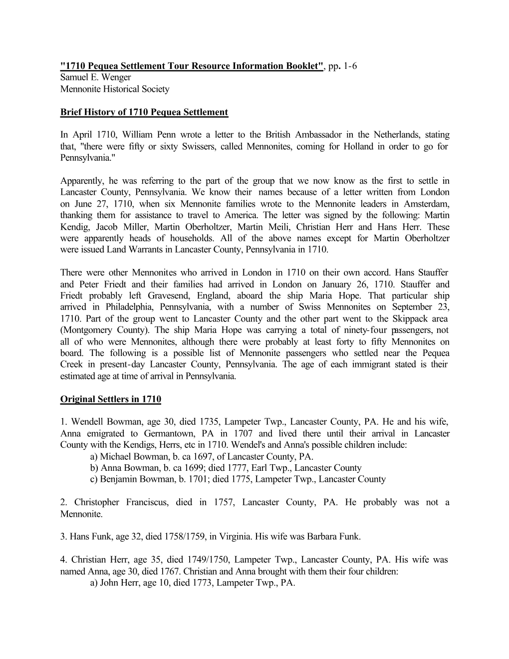 1710 Pequea Settlement Tour Resource Information Booklet", Pp