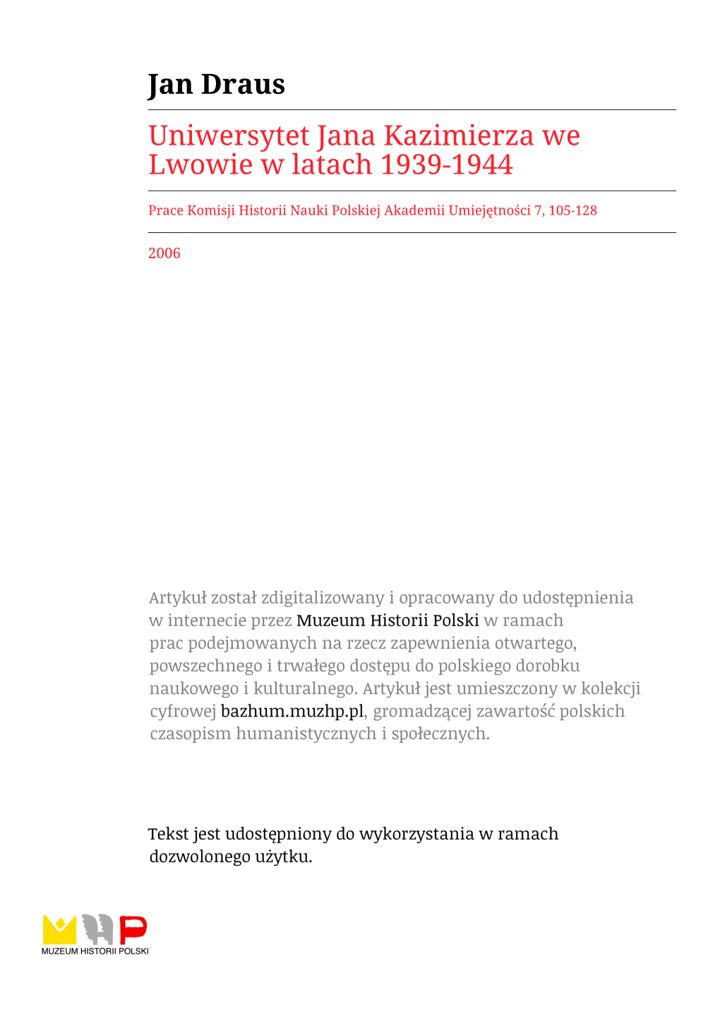 Jan Draus Uniwersytet Jana Kazimierza We Lwowie W Latach 1939-1944
