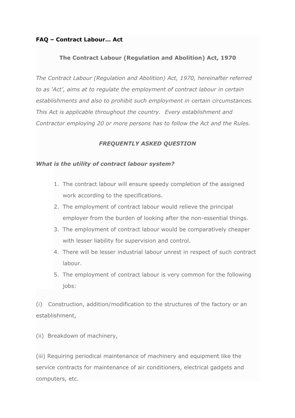 The Contract Labour (Regulation and Abolition) Act, 1970