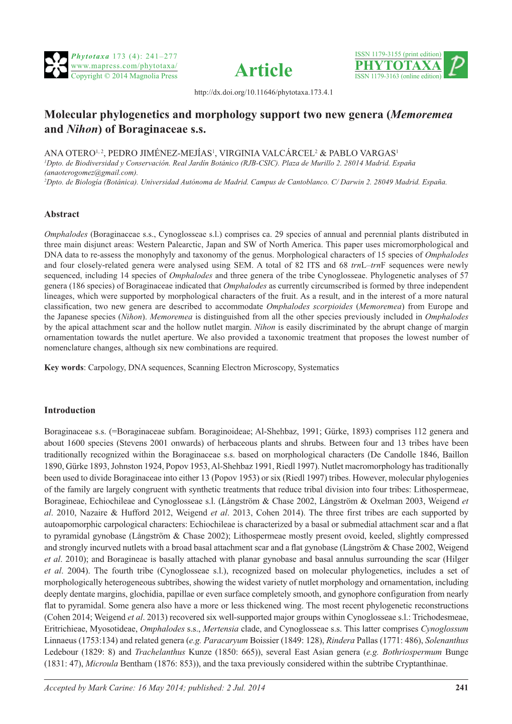 Molecular Phylogenetics and Morphology Support Two New Genera (Memoremea and Nihon) of Boraginaceae S.S