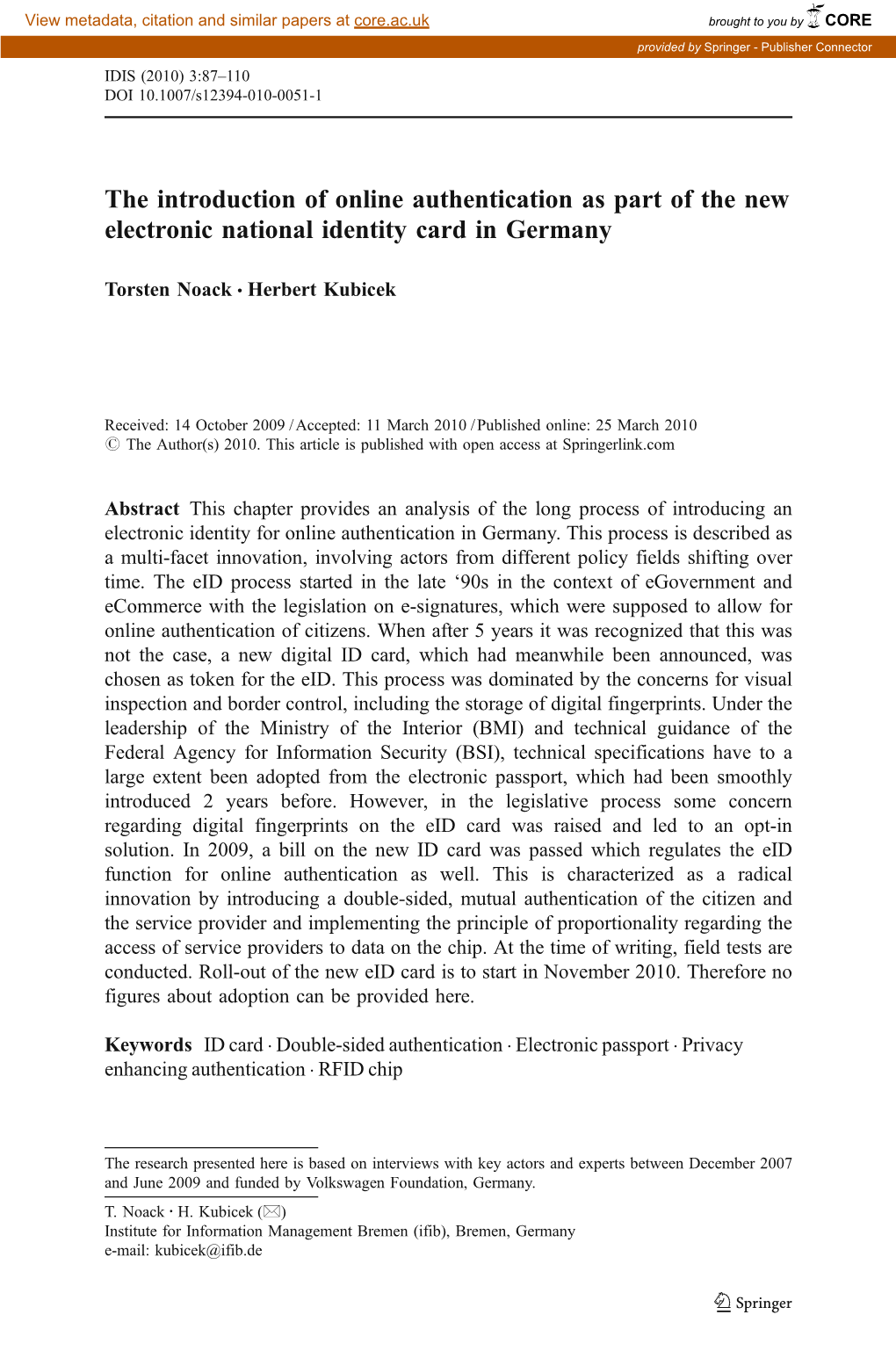 The Introduction of Online Authentication As Part of the New Electronic National Identity Card in Germany