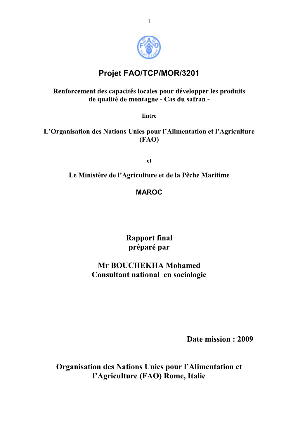 Projet FAO/TCP/MOR/3201 Rapport Final Préparé Par Mr BOUCHEKHA