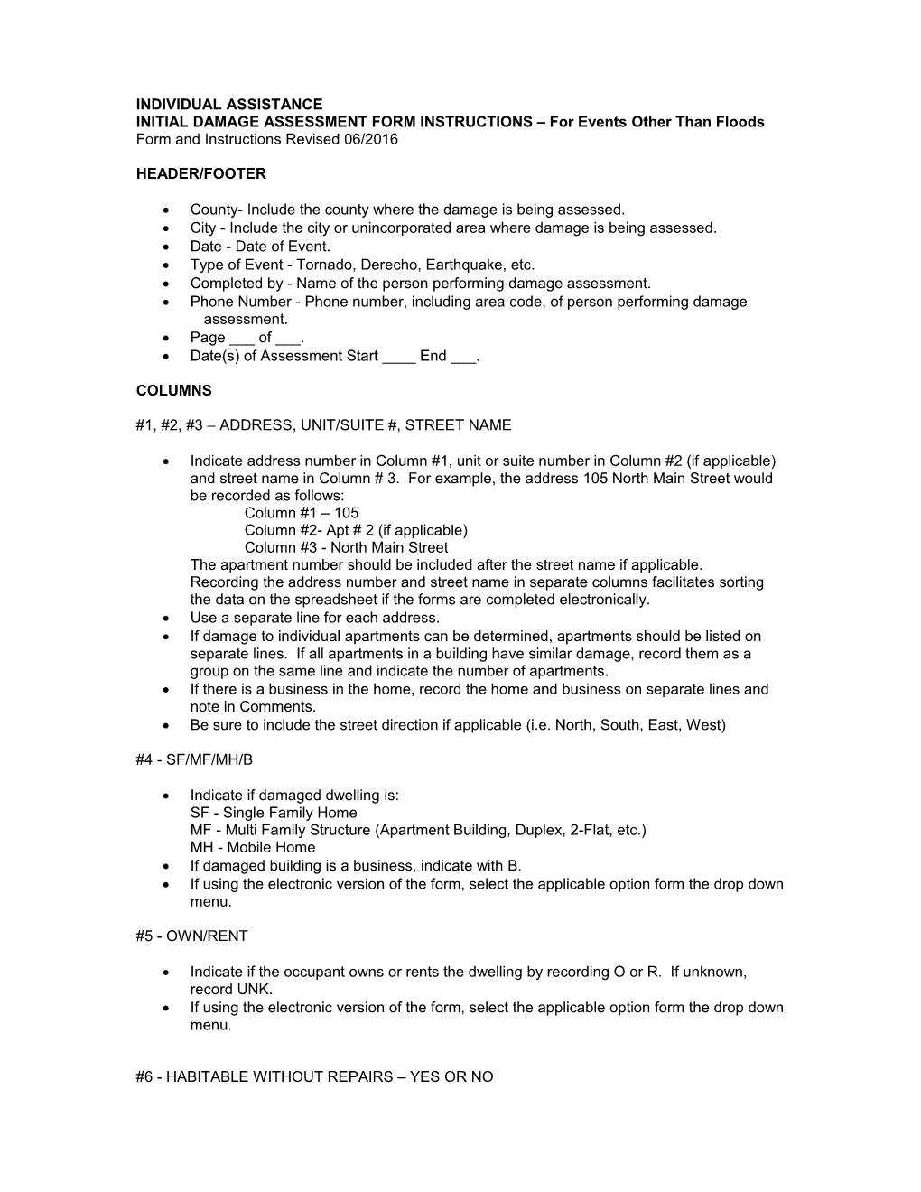 Initial Damage Assessment Form Instructions