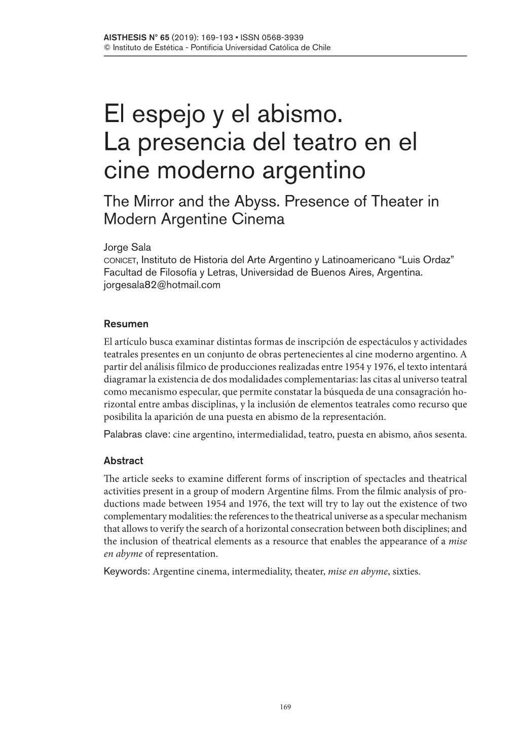 El Espejo Y El Abismo. La Presencia Del Teatro En El Cine Moderno Argentino 171