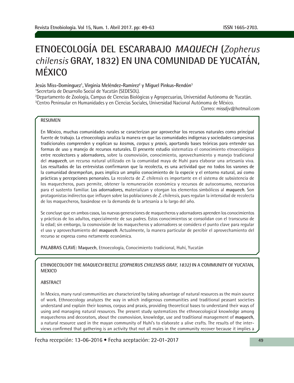 Etnoecología Del Escarabajo Maquech (Zopherus Chilensis Gray