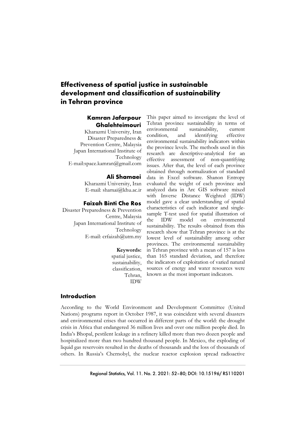 Effectiveness of Spatial Justice in Sustainable Development and Classification of Sustainability in Tehran Province