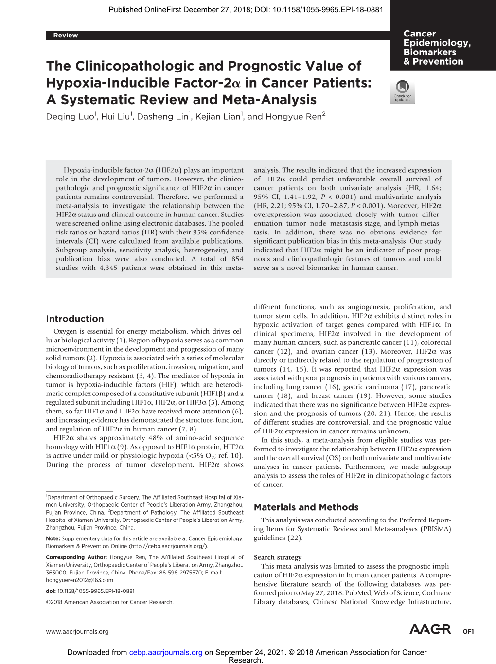 The Clinicopathologic and Prognostic Value of Hypoxia-Inducible Factor-2Α in Cancer Patients