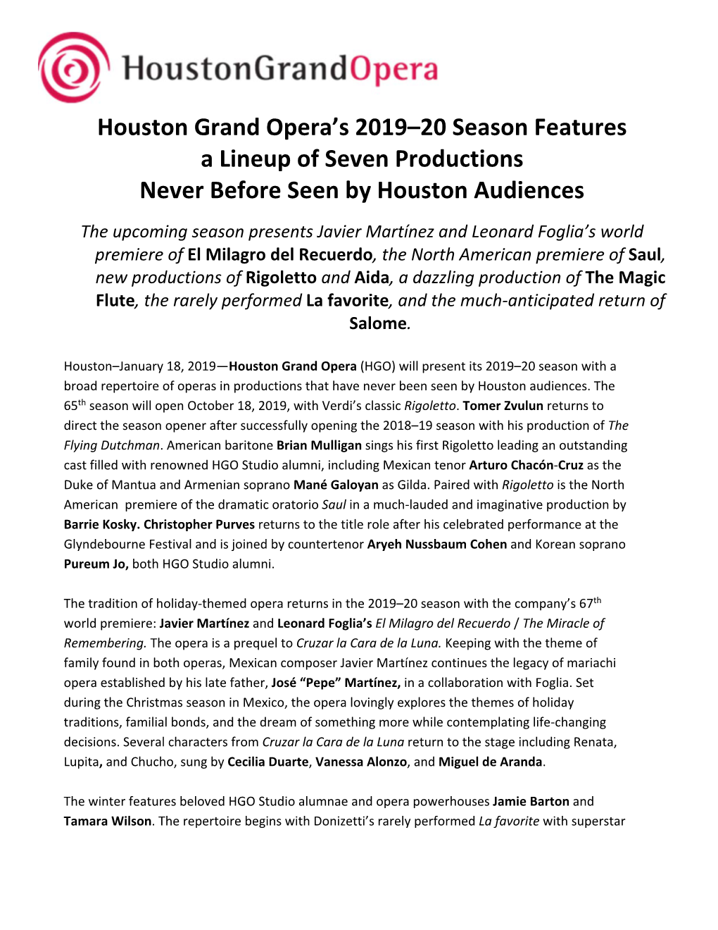 Houston Grand Opera's 2019–20 Season Features a Lineup of Seven