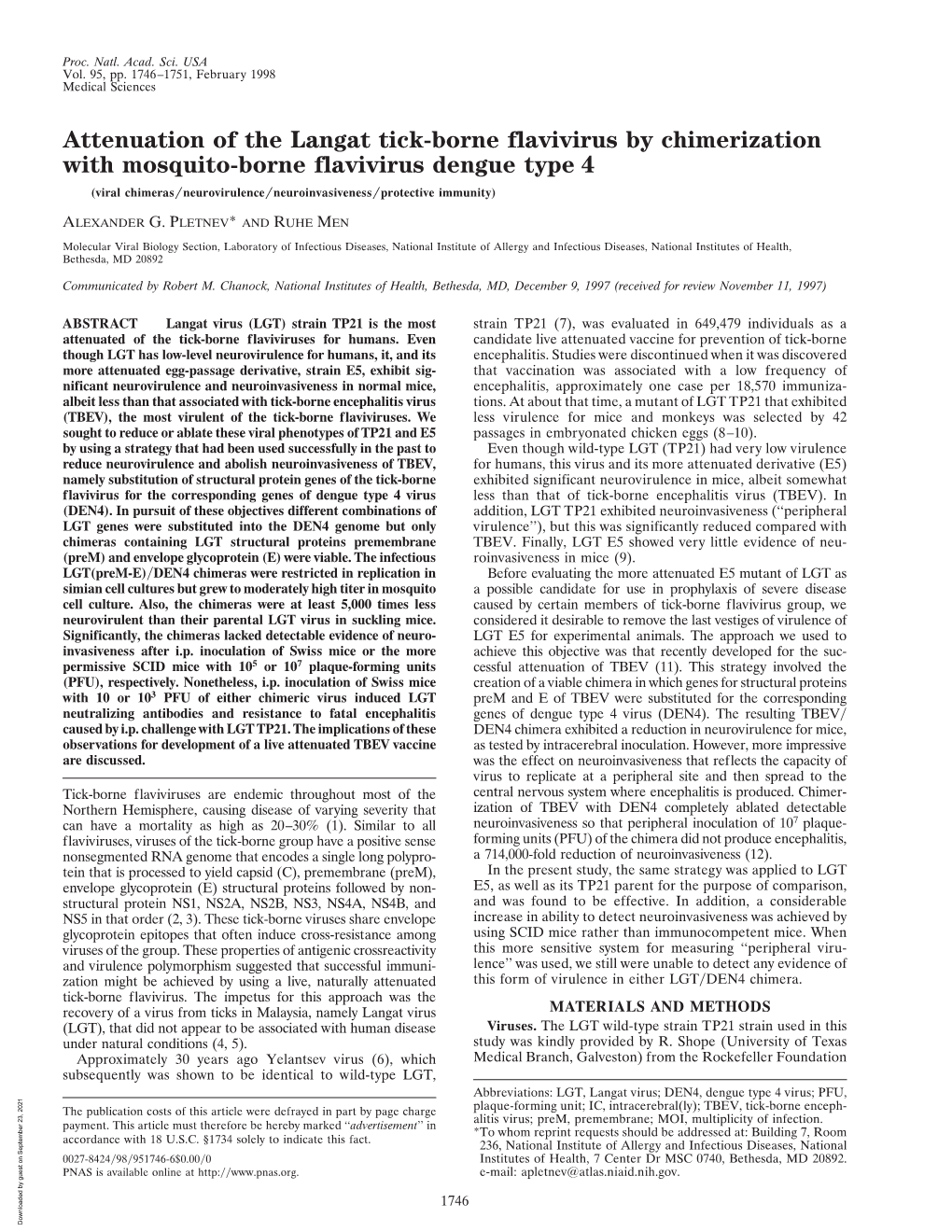 Attenuation of the Langat Tick-Borne Flavivirus by Chimerization with Mosquito-Borne Flavivirus Dengue Type 4