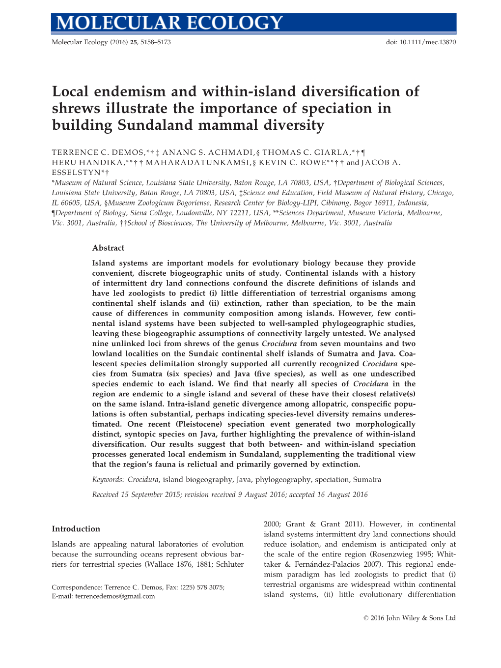 Local Endemism and Within‐Island Diversification of Shrews Illustrate