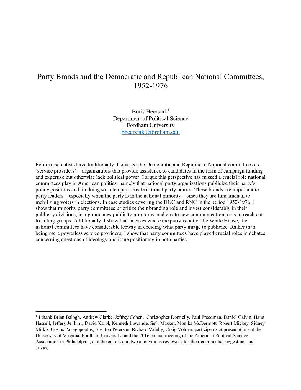 Party Brands and the Democratic and Republican National Committees, 1952-1976