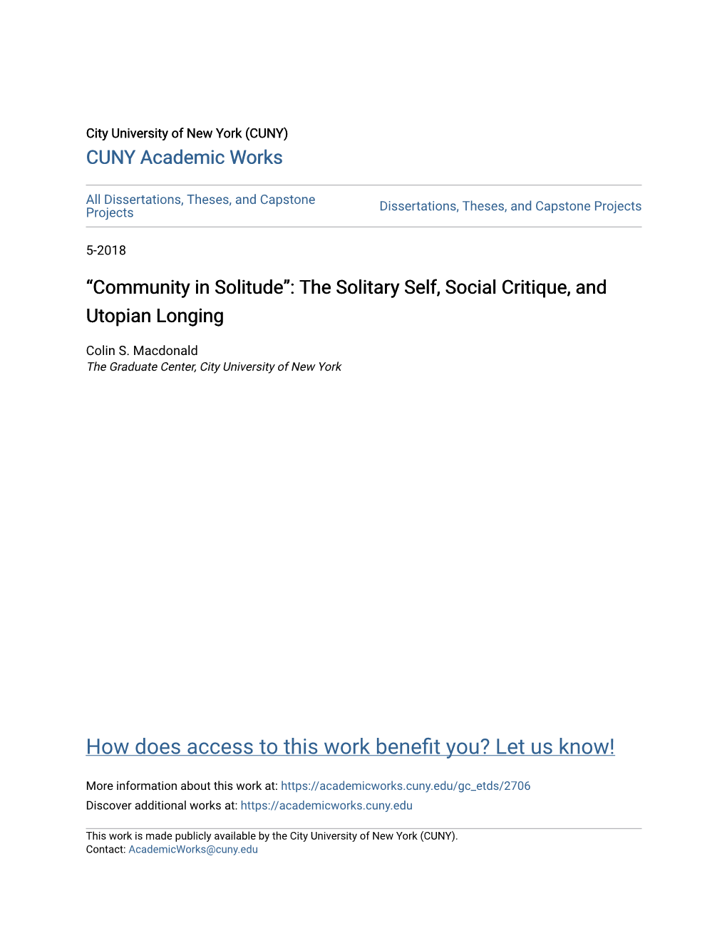 Community in Solitude”: the Solitary Self, Social Critique, and Utopian Longing