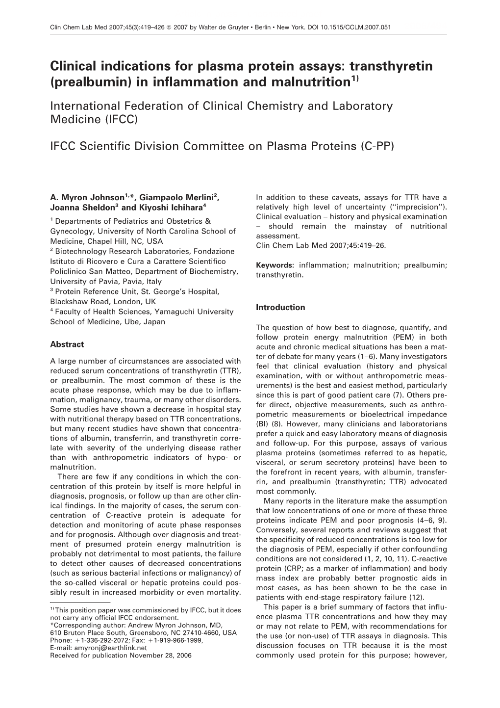 Clinical Indications for Plasma Protein Assays: Transthyretin