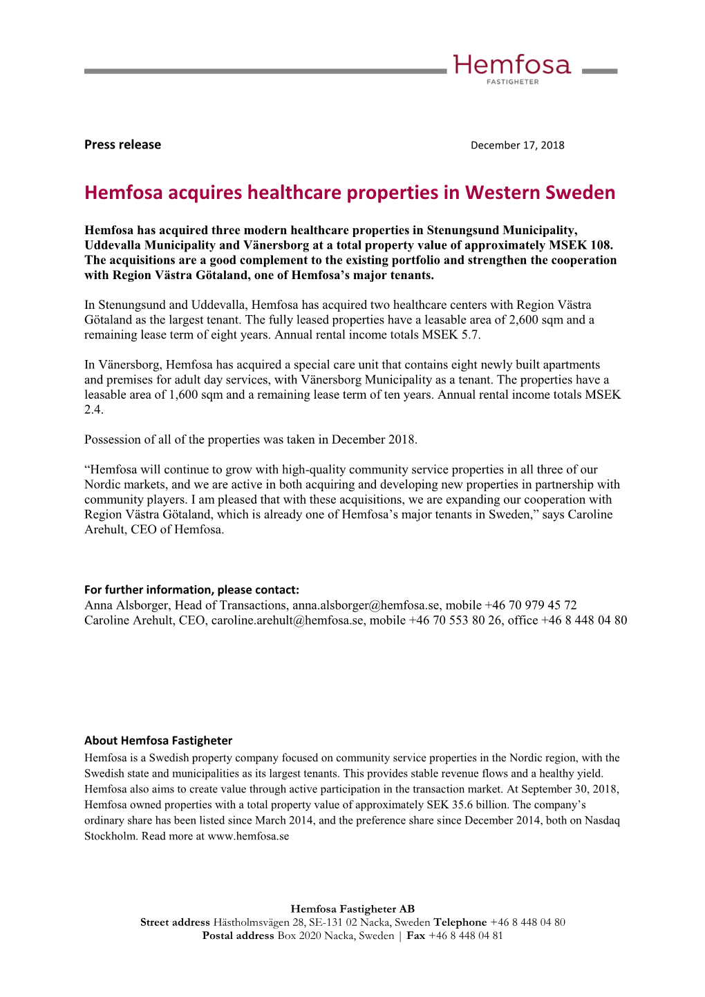 Hemfosa Acquires Healthcare Properties in Western Sweden