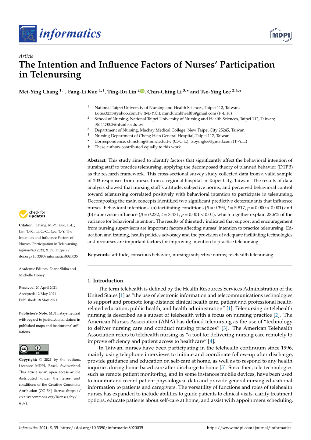 The Intention and Influence Factors of Nurses' Participation in Telenursing