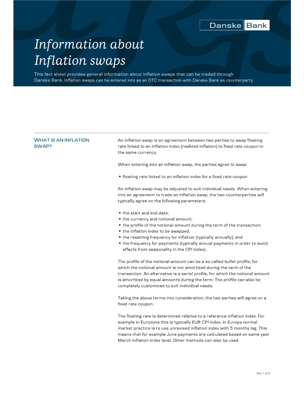 Information About Inflation Swaps That Can Be Traded Through Danske Bank