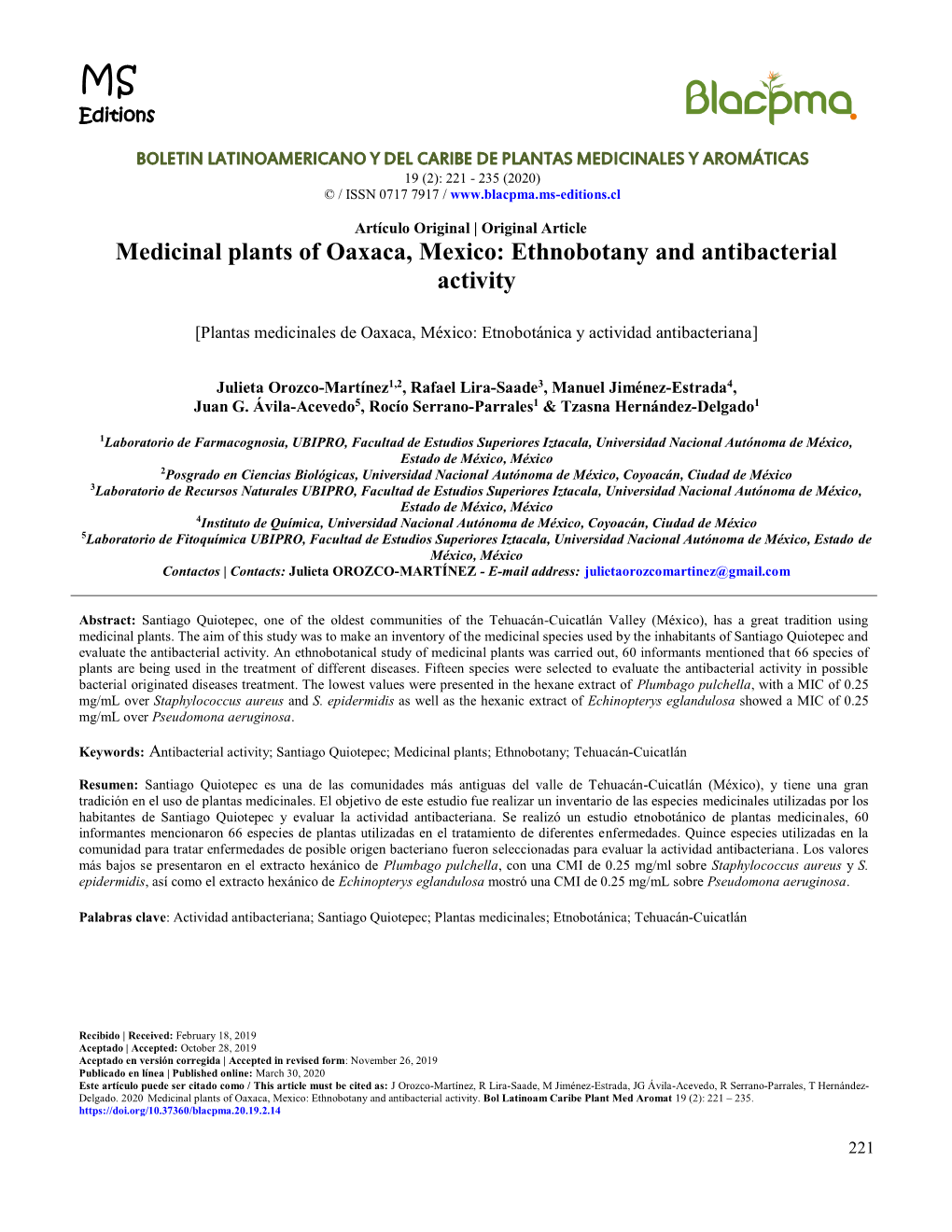 Medicinal Plants of Oaxaca, Mexico: Ethnobotany and Antibacterial Activity