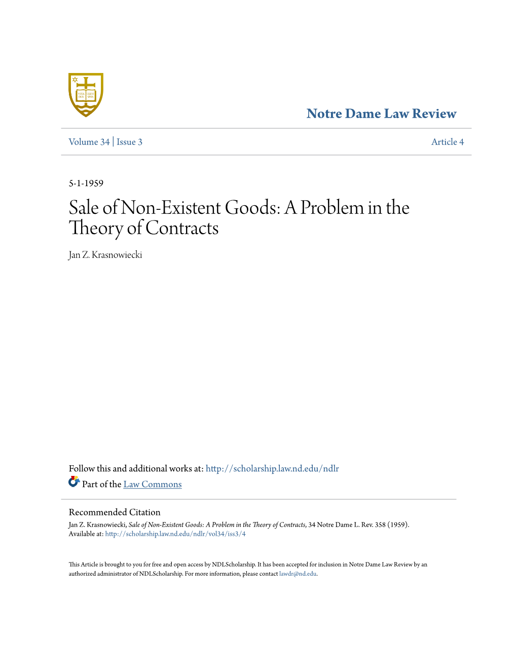 Sale of Non-Existent Goods: a Problem in the Theory of Contracts Jan Z