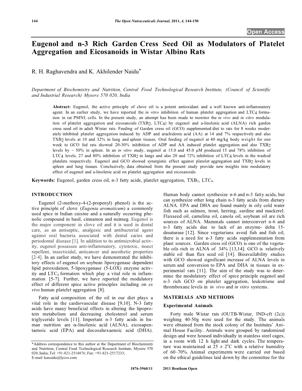 Eugenol and N-3 Rich Garden Cress Seed Oil As Modulators of Platelet Aggregation and Eicosanoids in Wistar Albino Rats