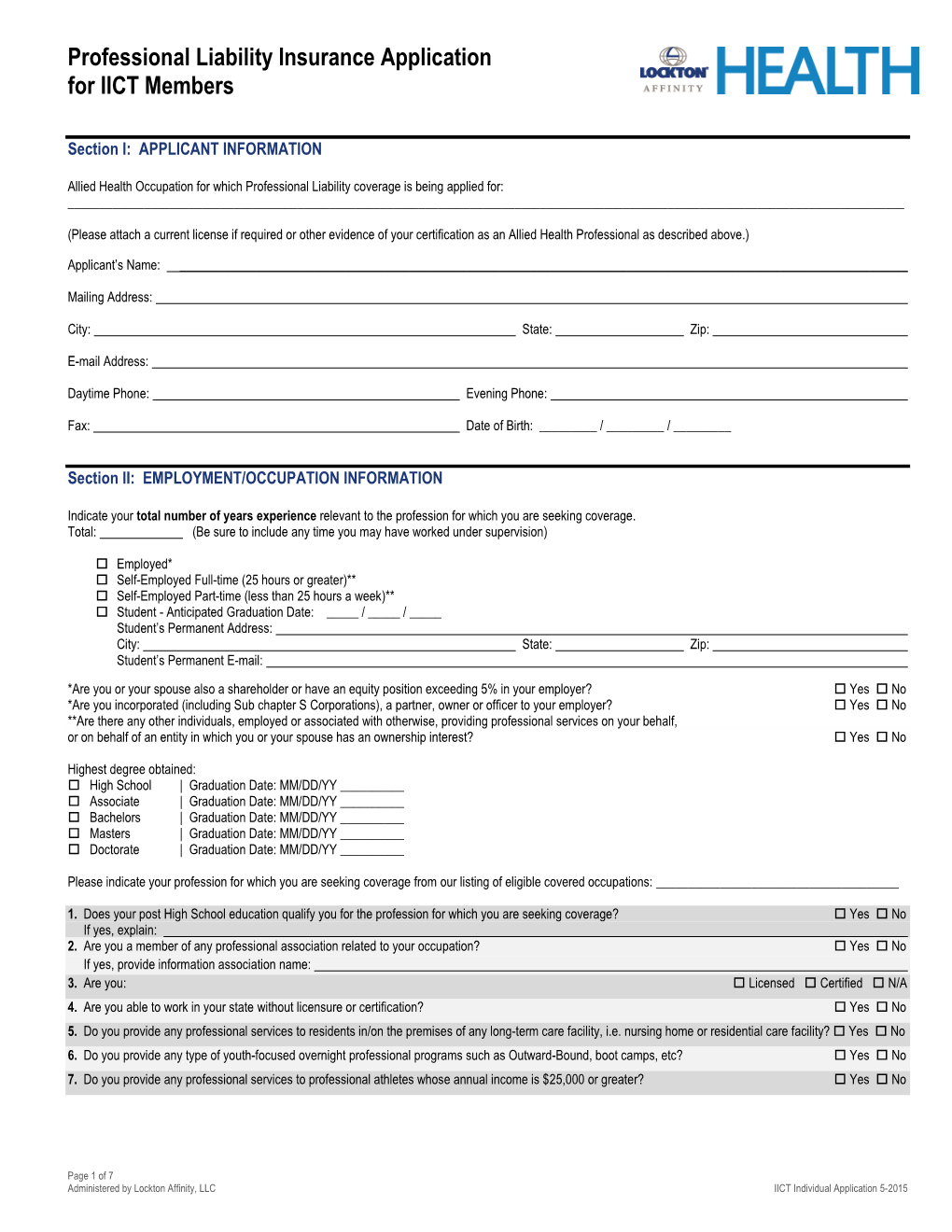 Professional Liability Insurance Application for IICT Members