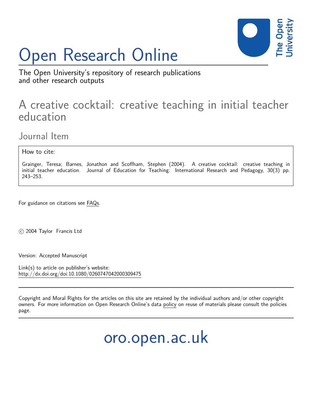 Creative Teaching in Initial Teacher Education Journal Item
