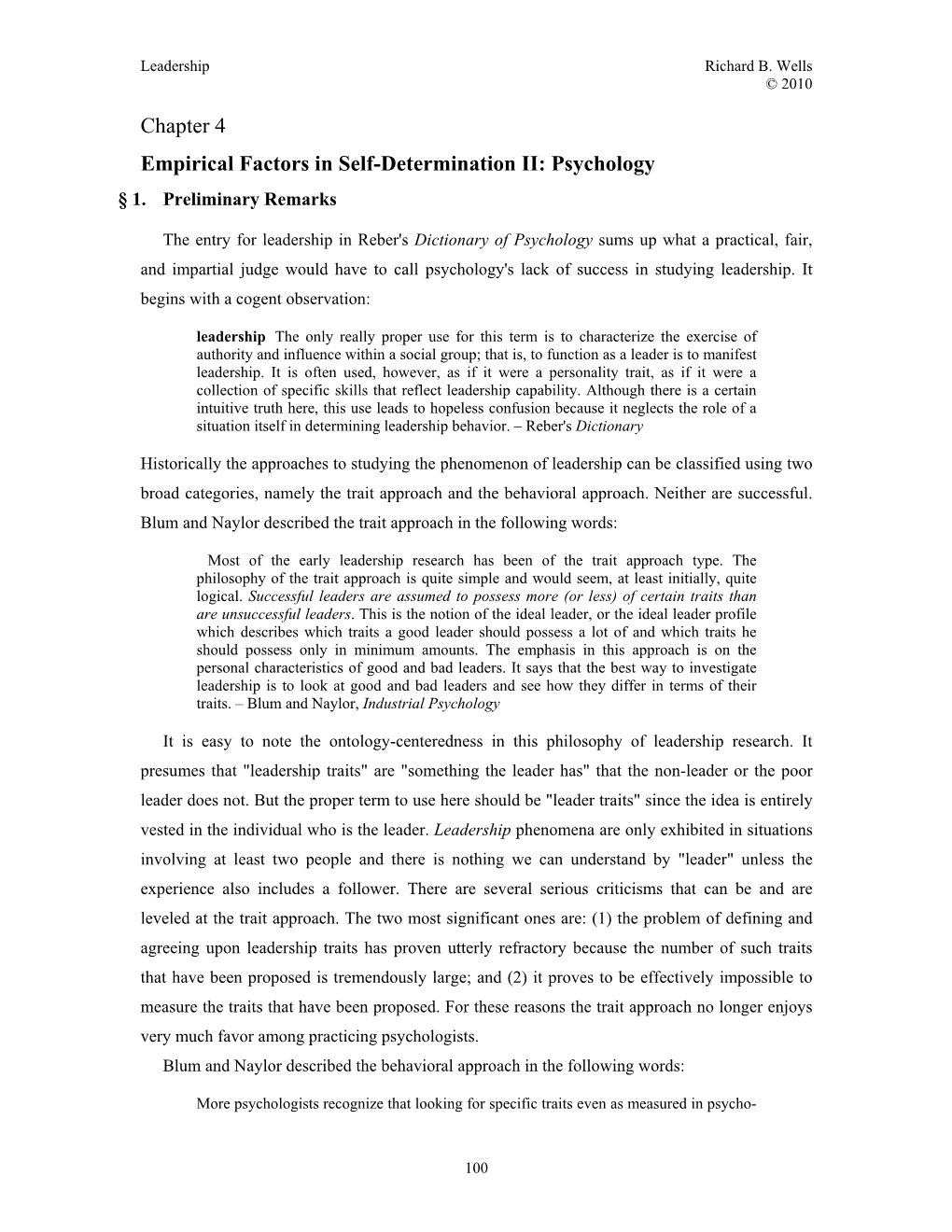 Chapter 4 Empirical Factors in Self-Determination II: Psychology § 1