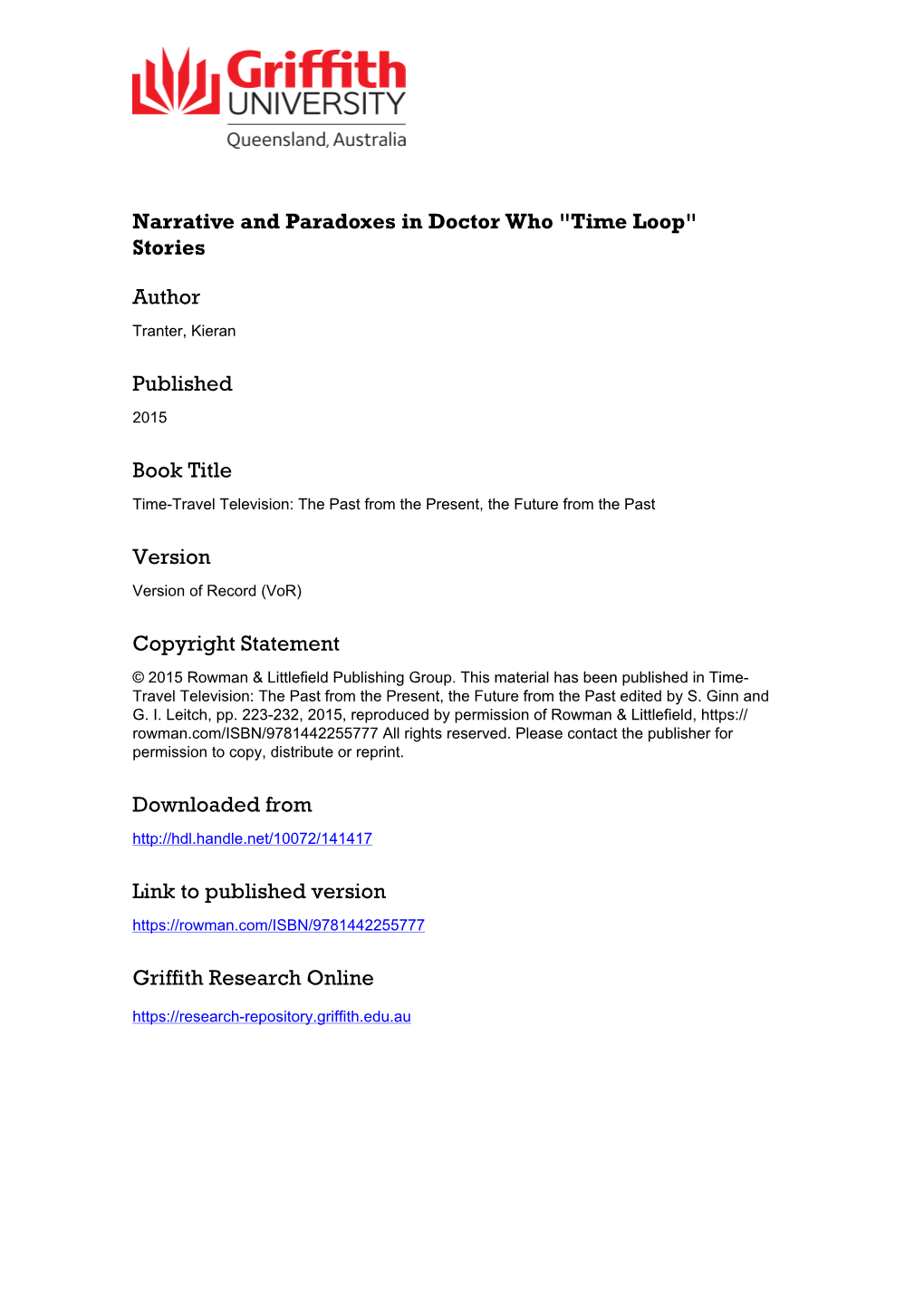 Narrative and Paradoxes in Doctor Who "Time-Loop" Stories Kierantranter