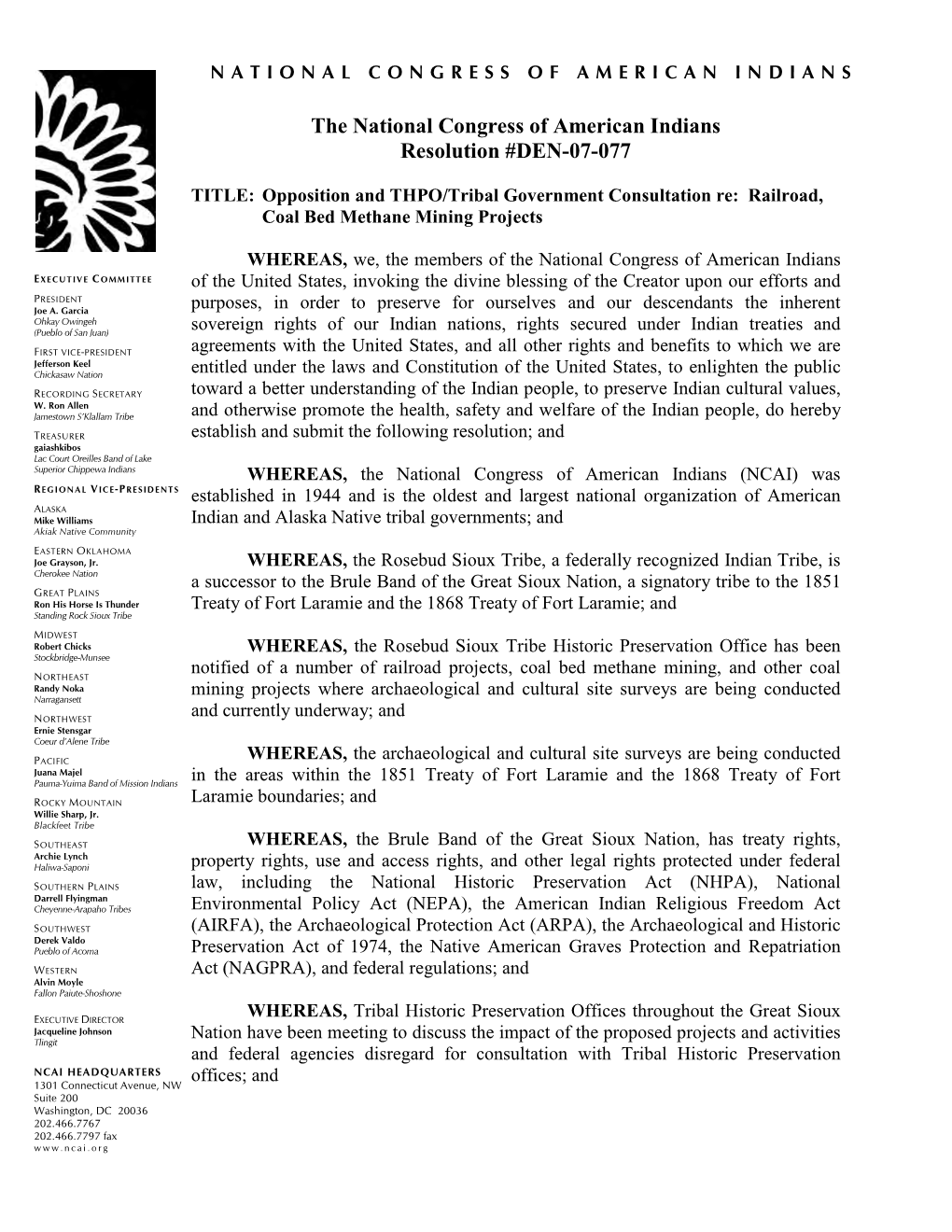 The National Congress of American Indians Resolution #DEN-07-077