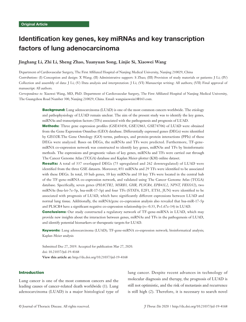 Identification Key Genes, Key Mirnas and Key Transcription Factors of Lung Adenocarcinoma