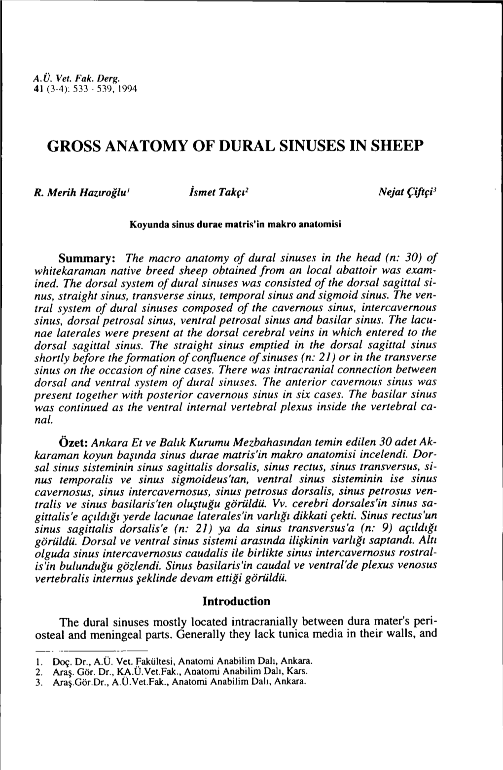 Gross Anatomy of Dural Sinuses in Sheep