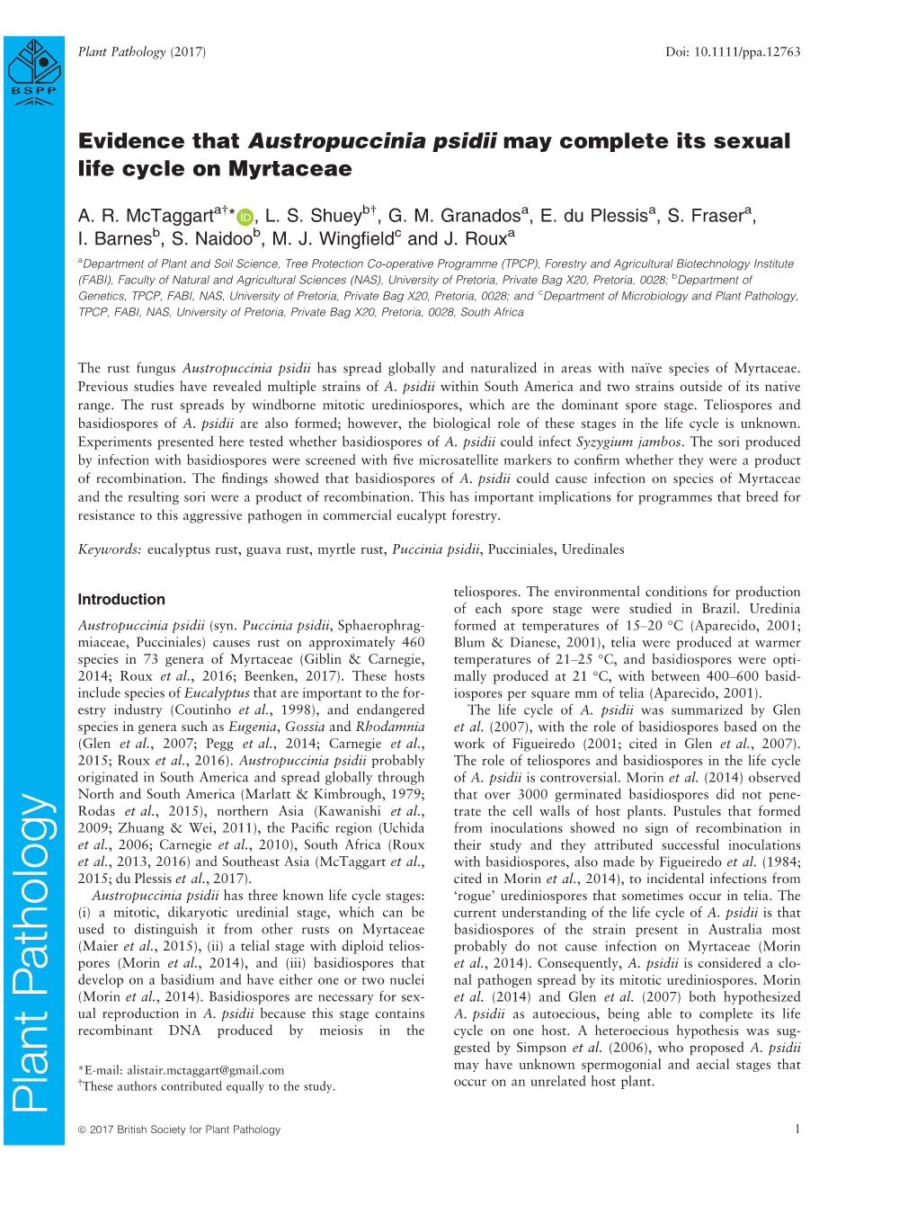 Evidence That Austropuccinia Psidii May Complete Its Sexual Life Cycle on Myrtaceae