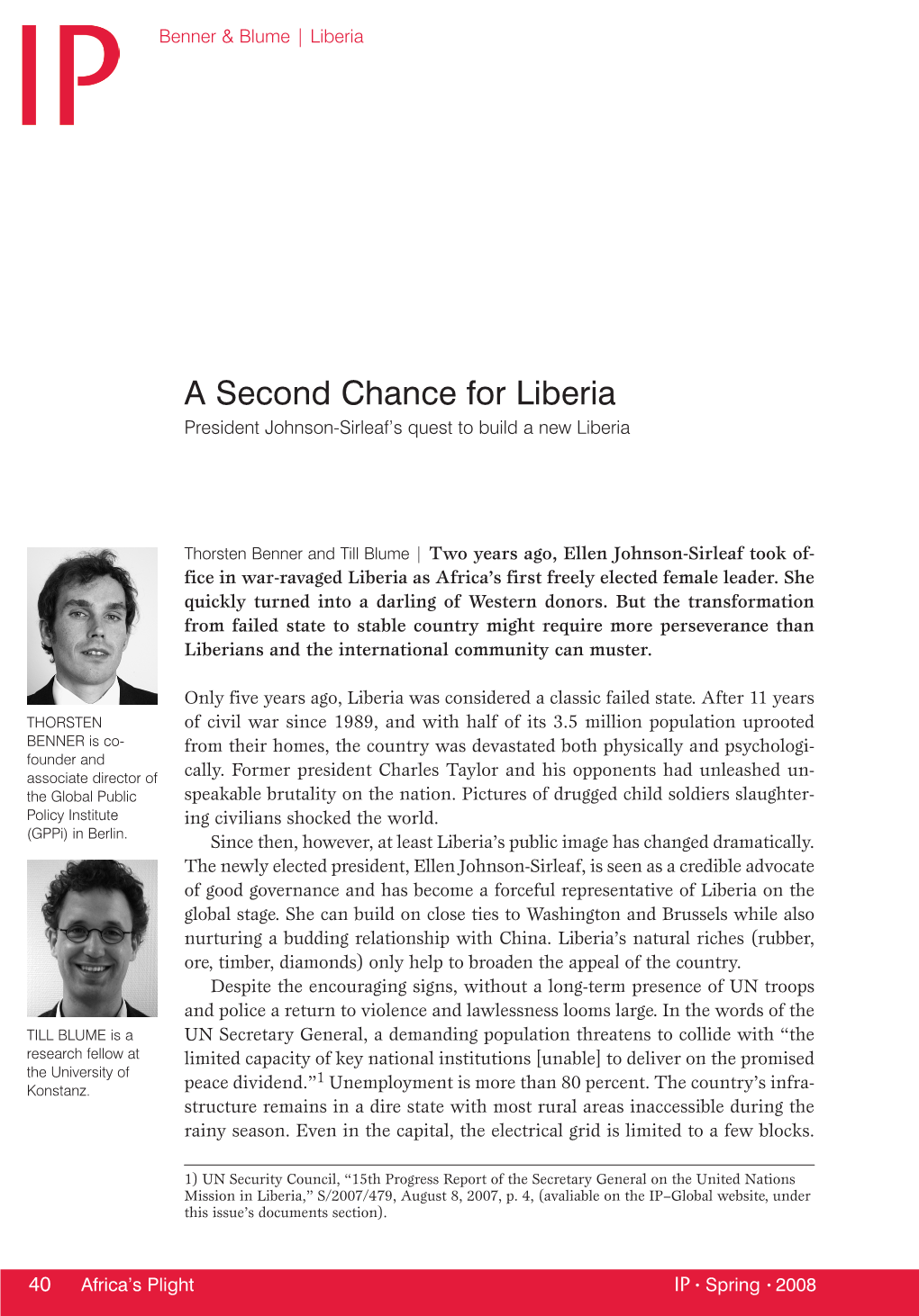 A Second Chance for Liberia President Johnson-Sirleaf’S Quest to Build a New Liberia
