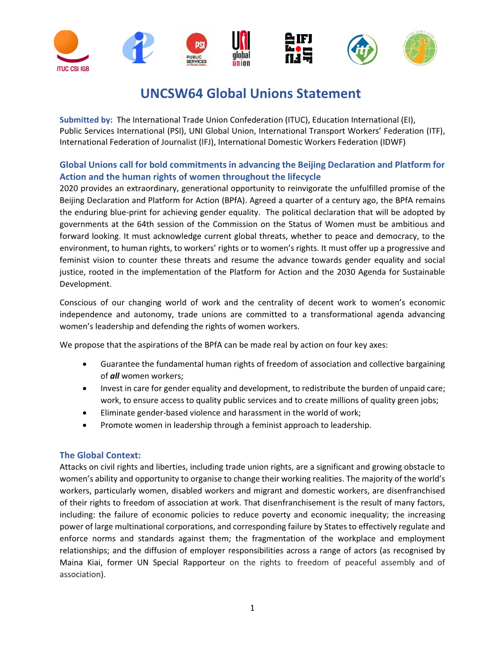 UNCSW64 Global Unions Statement